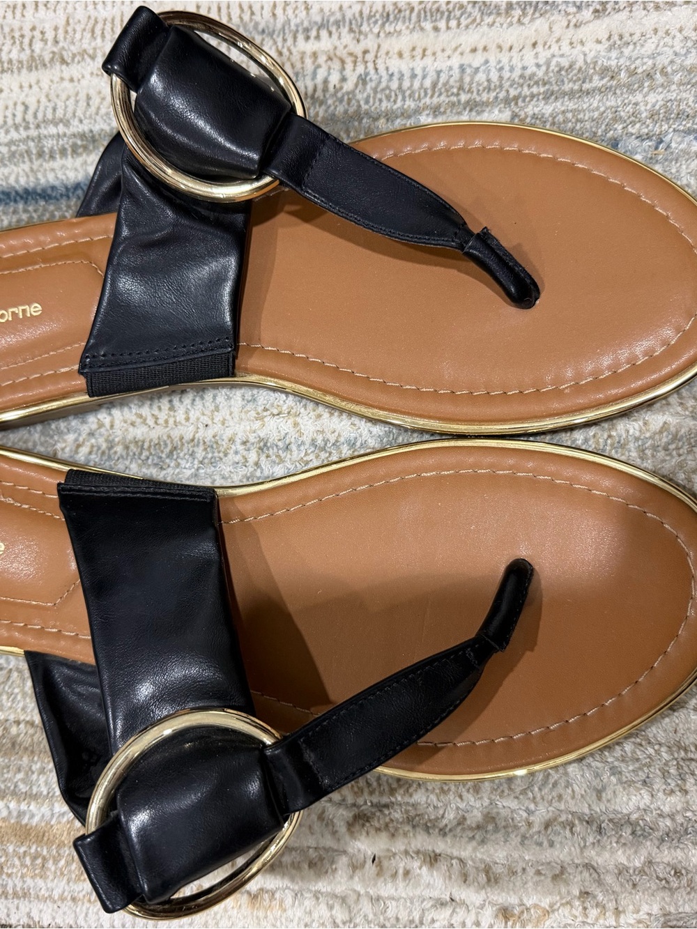 Liz Claiborne Black Toe-Post Sandals with Gold Ring Accent